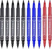 Vignette Stationery Dual Nib Fineliner Drawing Pens, Black Blue Red, Set of 10, Waterbase Ink, Washable, Odourless Double Felt Tip Markers