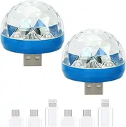 EZONEDEAL Mini USB Disco Light, DC 5V LED Strobe Lights with 3 Plugs (Android, Type-C, iOS) Sound Activated Party Lights, DJ Disco Ball Stage Lights-Multi Colors Car Atmosphere Lights (2PCS, Blue)