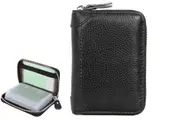 RFID Blocking Card Holder Genuine Leather Wallet with Zipper Card Case-Black