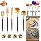 Durable 40-Piece Matte Black Gold Cutlery Set - Rust Resistant, Dishwasher Safe