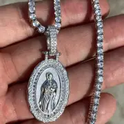 Real Solid 925 Silver 1" Guadalupe Holy Mary Pendant Tennis Chain CZ Choker 16"