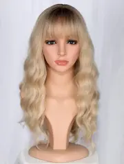 Medium Long Blonde Wavy Wigs for Women Synthetic Full Hair Wigs with Bangs for D