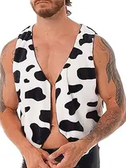 [Aislor] Men Fancy Dress Ball Vet Open Front V Neck Sleeveless Shirt Cow Printed Flannel Waistcoat Tops