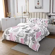 Cute Cat Pattern Quilt Set for Kids Teens,Cat Silhouette Bedspread Coverlet,Pink and Gray Bed Cover Striped Polka Dots Bedding Set Decorative Quilted 2 Piece Coverlet Set with 1 Pillow Sham,Twin Size