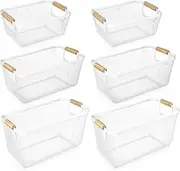 Maxcheck 6 Pack 3 Size Metal Wire Baskets Wooden Handles Steel Mesh Storage Bins Organizer Containers Gift for Home Cabinets Closet Kitchen Food Fruit Freezer Storage Rectangle (White)