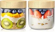 ALINK 10oz Overnight Oats Containers with lids, Glass Jars with Bamboo Lids, Glass Meal Prep Jars with Airtight Lids for Yogurt, Salad, Chia, Wide Mouth Mason Jar with Lid for Food Storage - 2 Pack