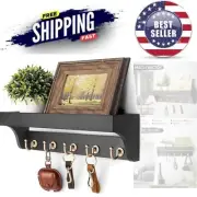 Wall Key Holder with Shelf Rustic Wood 5 Hooks Mail Organizer Entryway Decor