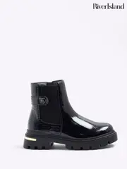 River Island Black Girls Patent Heart Strap Chelsea Boots (H62287) | $69