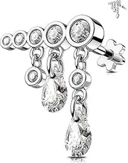 [OUFER] 16G Dangle Cartilage Earring Internally Threaded Stainless Steel 316L Chain Conch Stud 6/8mm Curved Helix Ring Vine CZ Upper Ear Left Right Lobe Piercing Earring for Women