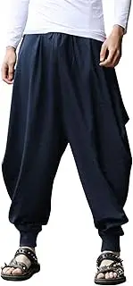 [COOFANDY] Men Hippie Harem Pants Baggy Linen Boho Yoga Casual Drop Crotch Trouser, Black, Small