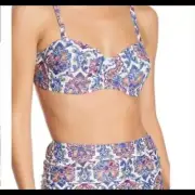 NWT! Nicole Miler blue burgundy ethnic print high waisted bikini set 10