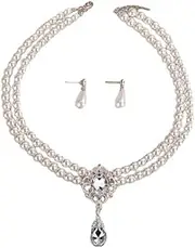 [Generic] Pearl Necklace Earrings Set Jewelry Pearl Rhinestone Necklace and Earrings for Women Wedding Jewelry Sets, adjustable