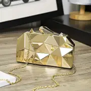 Women's lattice pattern metal portable bag chain geometric dinner bag Gold