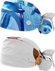 [WOSHJIUK] Working Hat 2 Pack Scrub Caps for Women,Dolphin and sea Bubbles,Tie Back Cap Adjustable Scrub Hat