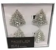 4 Rachel Zoe Silver Rhinestone Christmas Tree Napkin Ring Set Holidays Bling