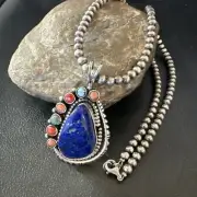 Blue Lapis Cluster Pendant Navajo Sterling Silver Beads Necklace 20" 18752
