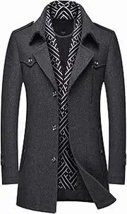 [FTIMILD] Men's Wool Blend Pea Coat with Detachable Scarfs Notched Collar Single Breasted