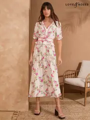 Love & Roses Ivory Floral Peplum Tea Midi Dress (AM5265) | $150