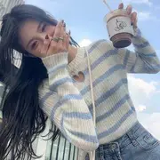 Crew Neck Striped Heart Cutout Sweater Sky Blue - L