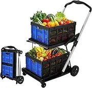 Shopping Cart with 2 Storage Crates Multi Use Two Tier Collapsible Cart with 360° Rolling Swivel Wheels Folding Trolley for Shopping Picnic and Office