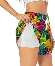 [JEJEA] Colorful Rose Print Summer High-Waisted Athletic Shorts Women's Running Workout Shorts, Ideal for Gym Yoga Casual