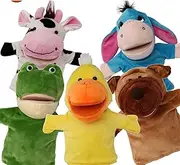 BETTERLINE 5-Piece Set Animal Hand Puppets with Open Movable Mouth / Zoo, Safari, Farm, Jungle / Cow, Duck, Brown Dog, Frog and Donkey