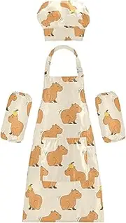 AIXIWAWA Kids Apron Chef Hat Set, Child Kitchen Bib Aprons Adjustable for Cooking Baking Painting (Capybara Sitting)