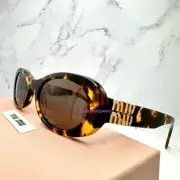 New MIU MIU Sunglasses Brown Tortoise Oval Acetate Gold Metal Logo Authentic