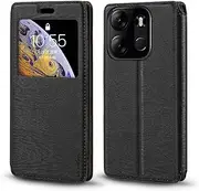 [Shantime] Viewable Window Leather Flip Case Compatible with Tecno Smart 7, Elegant Design Clear Display Invisible Magnetic Cover and Card Slot(Black)