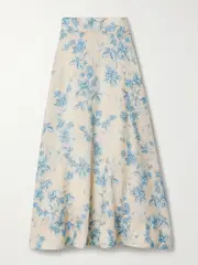 [Agua by Agua Bendita] Agua by Agua Bendita - Bergamota Bougainvillea Embellished Floral-print Linen Midi Skirt - Blue - x small x small Blue