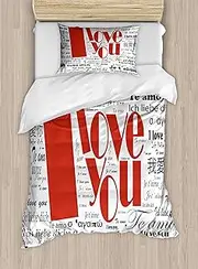 [Ambesonne] I Love You Duvet Cover Set, Newspaper Love Words Contemporary Happy Mothers Day, Decorative 2 Piece Bedding Set with 1 Pillow Sham, Twin Size, White and Black