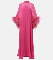 [Taller Marmo] Taller Marmo Penelope feather-trimmed silk kaftan AU 10 pink