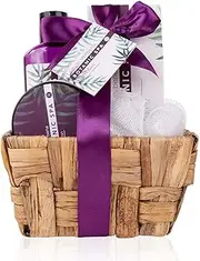 [accentra] Botanic Spa Women's Bath Set in Seagrass Basket, 4-Piece Care Set with Shower Gel, Bath Salt, Body Lotion & Mesh Sponge, Wellness Gift Set for Birthday, Valentine's Day & Christmas