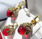 GARNET EARRINGS PENDANT SET HANDMADE RUSSIAN SOLID STERLING SILVER 925 24K GOLD