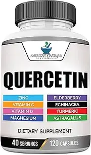 Quercetin 1000mg, Zinc 30mg, Vitamin C 750mg, Vitamin D 5000IU, Magnesium, Turmeric Curcumin Extract, Elderberry Extract, Echinacea Astragalus, Quercetin with Zinc, Immune Support, 120 Vegan Capsules