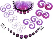 [Baosity] 54pcs Gauges Kit Glitter Spiral Tapers And Plugs 14G-00G Ear Tunnels Set - Purple, as described