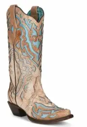 CORRAL WOMENS BONE BLUE INLAY & STUDS BOOTS A4270