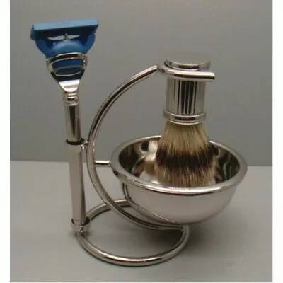 COMOY 3 Piece Chrome Shave Set - Silver Bowl Stand Mach3 Razor & Brittle Brush