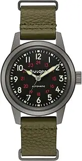 [Bulova] Men's Military Heritage Hack Stainless Steel 3-Hand Automatic Watch, NATO Leather Strap, Luminous Hands and Markers