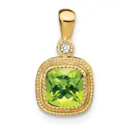 14K Yellow Gold Cushion Peridot and Real Diamond Pendant