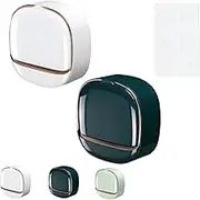 Luxury Soap Holder with Drain Tray, Waterproof No-Drill Soap Dish Holder Wall Mounted, Drain Soap Box with Flip Lid for Bathroom, Kitchen, Shower (White+Dark Green)