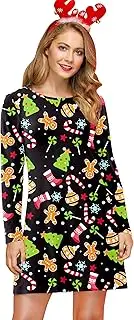 [For G and PL] Women's Christmas Round Neck Long Sleeve Mini Dress Xmas Print Party Costume S-XXL, Trees/Sock/Gingerbread Man, XL
