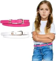 [LLOUSSAK] 2 PCS Girls Belt, 36.6" Elastic Leather Grils Belt with Gold U Ring Buckle, Exquisite Comfortable Skinny Strappy Waist Belt(White, Pink, White,pink