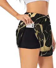 [GaxfjRu] Black Marble Texture Gold Print Women's Running Shorts High Waisted Running Shorts Pocket Sporty Gym Elastic Short