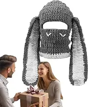 [Zankie] Rabbit Beanie Adult | Adorable Knit Beanie with Face - Comfortable Knitted Hat, Breathable Warm Hat for Home, Cold Weather, Kids Grey