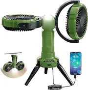 Camping fan double head with LED light, 10000mAh rechargeable battery-powered tent fan, 360° rotating portable fan For home, outdoors, bedroom, green