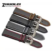 Orange Stitching Carbon Fiber Leather Watchband with Silver Clasp