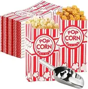 Popcorn Bags 200pcs, 7 x 3.5 x 1.9 Inches Classic Red and White Flat Bottom Popcorn Bags Movie Night, Great Snacking Bag, + Stainless Steel Popcorn Scoop