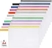 OFFCUP Document Bag A4, Pack of 10 Waterproof Zip Pockets, Mesh Plastic File Bag with Zip, Document Folder for School, Home, Office, Travel, Cosmetics, 5 Colours