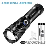 USB Rechargeable LED Flashlight, Tactical Torch Zoomable Waterproof 5 Lighting Modes Quad-core with XHP70.2 Lamp Bead for Camping Hiking